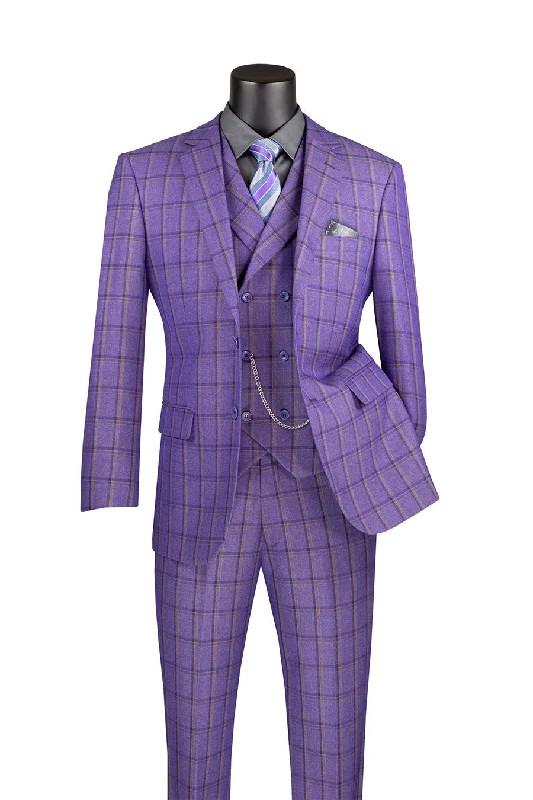 Relaxed Styles Lazio Collection - Modern Fit Windowpane Suit 3 Piece in Purple