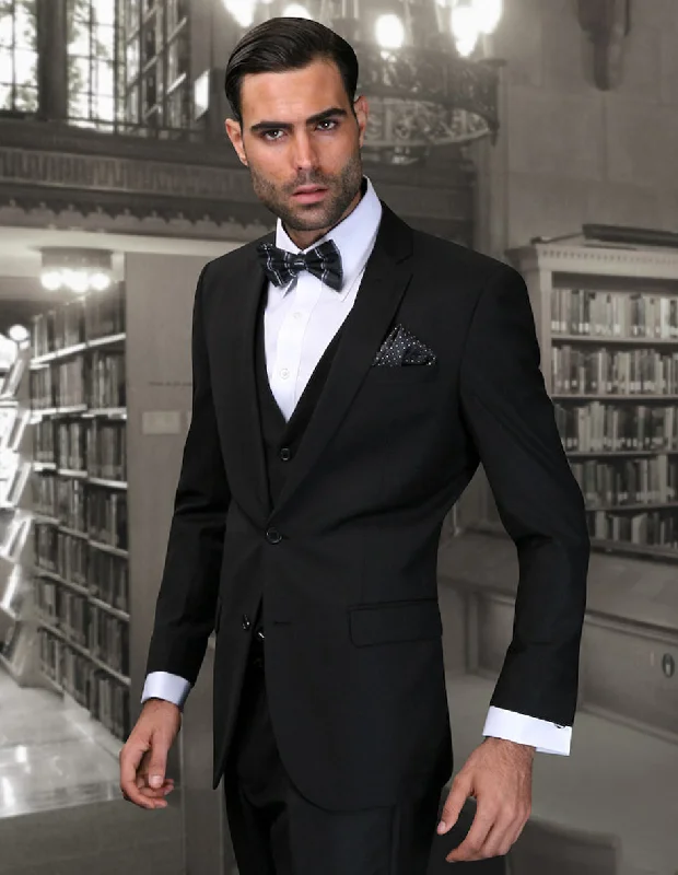 Casual Fits Mens 2 Button Skinny Vested Wool Suit in Black