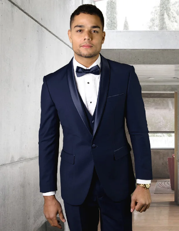 Cool Bottoms Mens Wool One Button Modern Fit Shawl Prom Tuxedo in Navy
