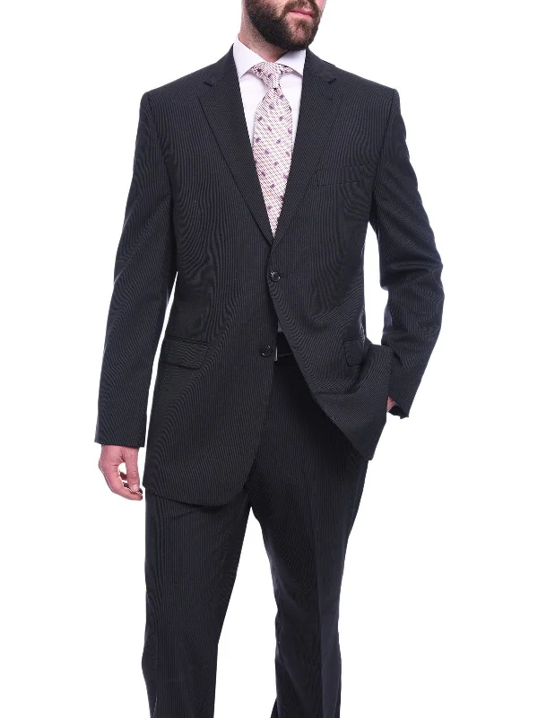 Denim Looks Bruno P. Classic Fit Black Pinstripe Two Button Mens Wool Suit
