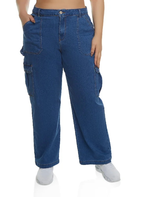 Travel Wardrobe Plus Size WAX Straight Wide Leg Cargo Jeans