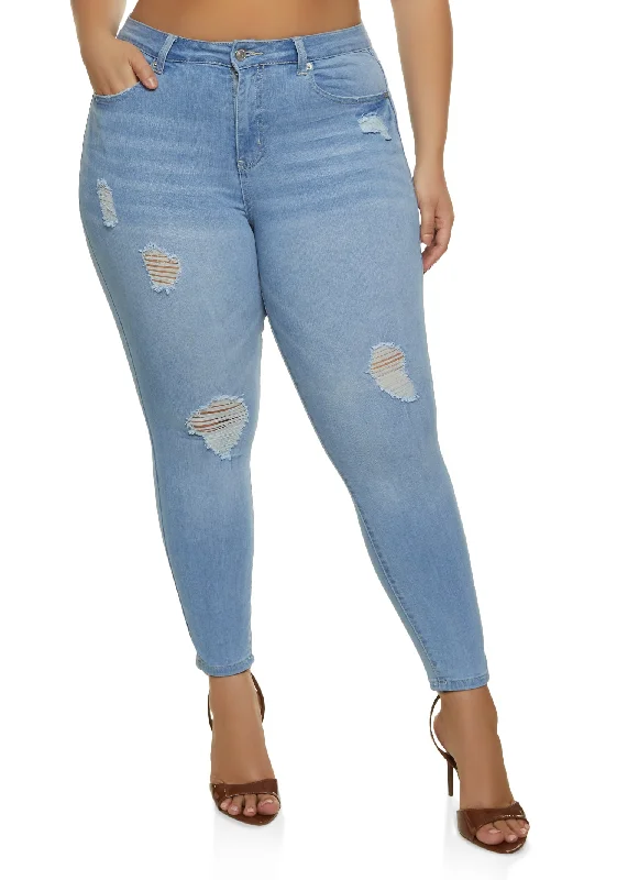 Fashionable Wear Plus Size WAX Distressed Stretch Skinny Jeans