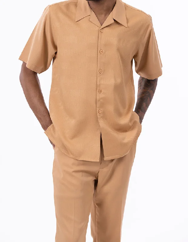 Casual Shirts Tan Walking Suit Tone on Tone Vertical Stripes 2 Piece Short Sleeve Set Casual Shirts Tan Walking Suit Tone on Tone Vertical Stripes 2 Piece Short Sleeve Set