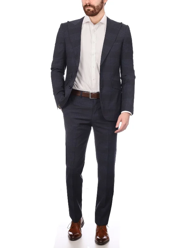 Fashionable Wear Napoli Mens Blue Plaid Half Canvassed Wool Slim Fit Suit With Peak Lapels