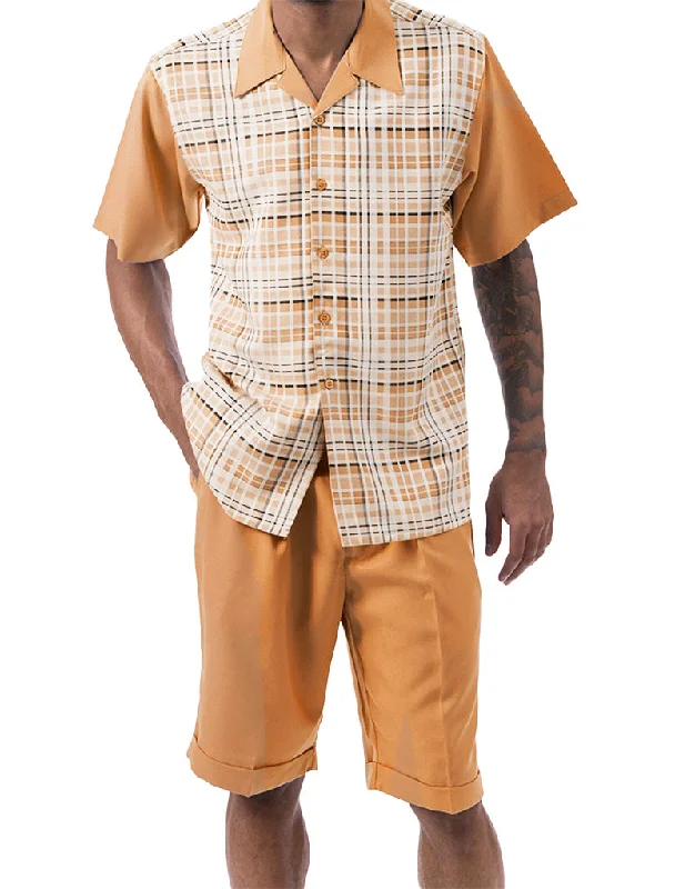 Vintage Style Cognac Plaid Walking Suit 2 Piece Short Sleeve Set with Shorts