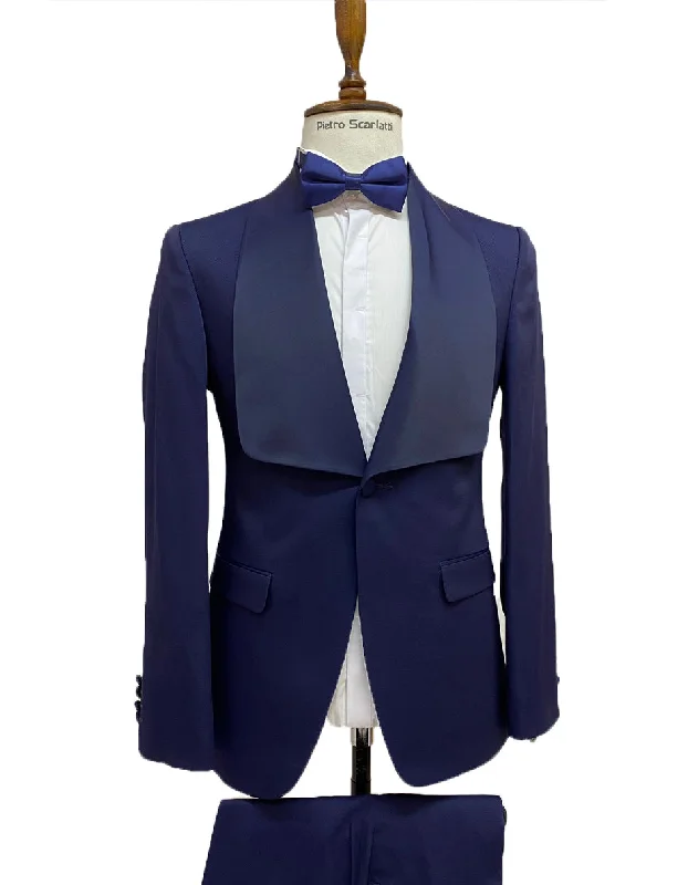 Comfortable Fits Mens Vested Designer Wide Square Shawl Tuxedo in Midnight Blue