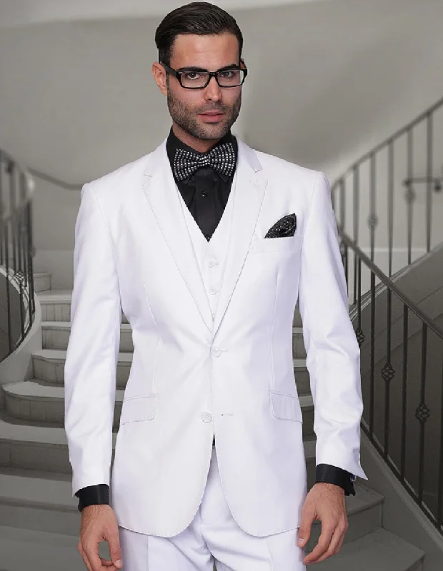 Premium T-shirts Mens 2 Button Modern Fit Vested Wool Suit in White