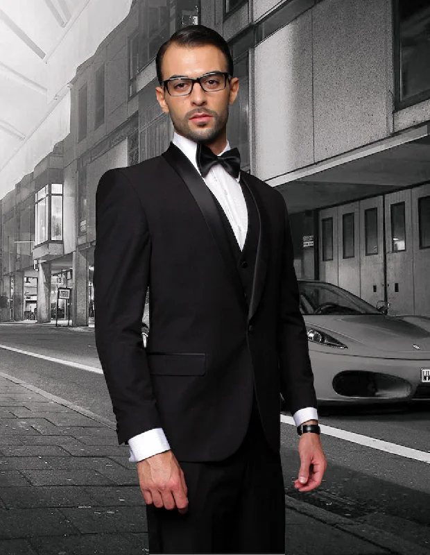 Weekend Styles Mens Wool One Button Modern Fit Vested Shawl Prom Tuxedo in Black
