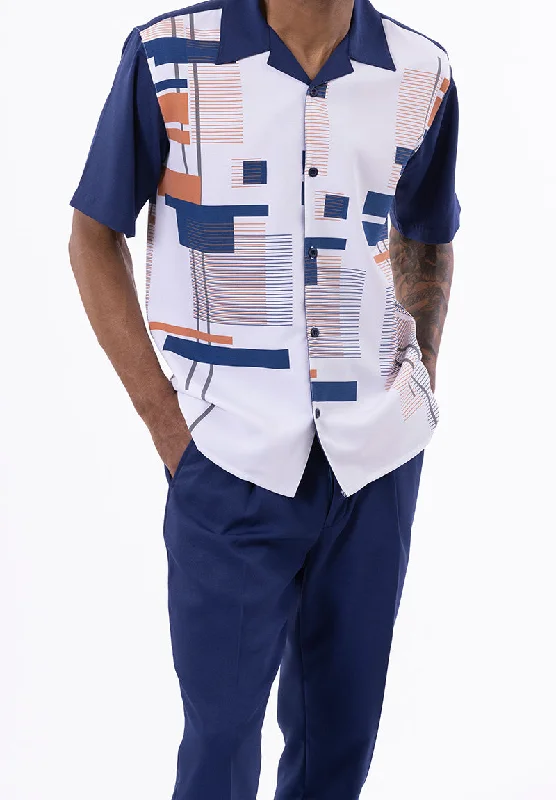 Relaxed Fit Navy Line Pattern Walking Suit 2 Piece Short Sleeve Set