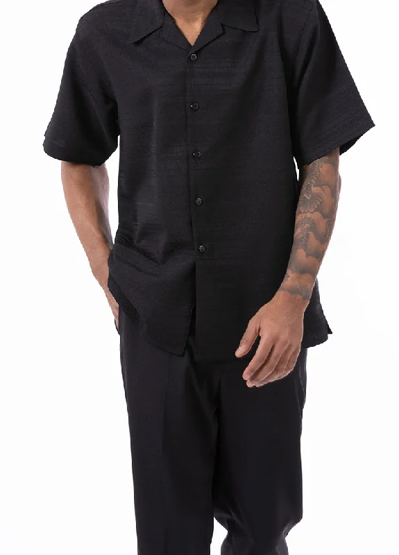 Sporty Jackets Black Tone on Tone Horizontal Stripes Walking Suit 2 Piece Short Sleeve Set Sporty Jackets Black Tone on Tone Horizontal Stripes Walking Suit 2 Piece Short Sleeve Set
