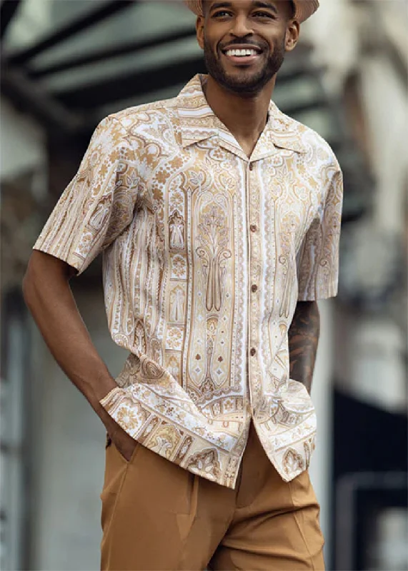 Practical Clothing Cognac Floral Pattern Walking Suit 2 Piece Short Sleeve Set