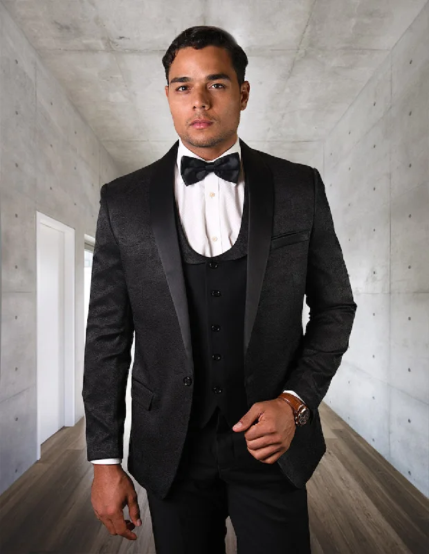 Relaxed Jackets Mens One Button Shawl Lapel Vested Prom Tuxedo in Black Paisley