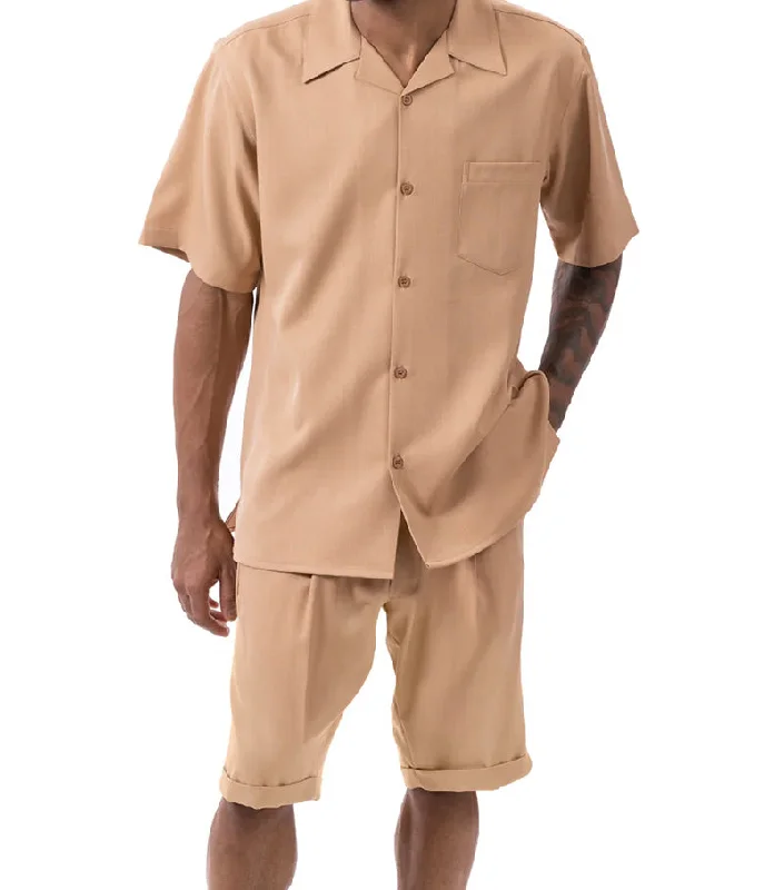 Winter Jackets Tan 2 Piece Short Sleeve Walking Suit Set with Elastic Waistband Shorts