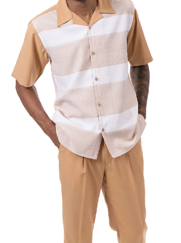 Weekend Gear Tan Horizontal Stripes Design 2 Piece Short Sleeve Walking Suit Set