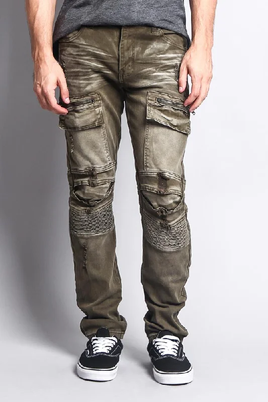 Casual Styles Faded Zipper Cut Cargo Pocket Biker Jeans