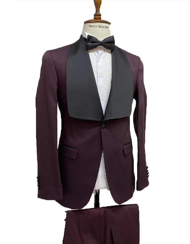 Trendy Look Mens Vested Designer Wide Shawl Tuxedo in Burgundy