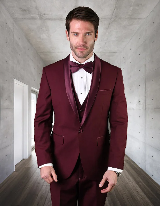 Sleek Designs Mens Wool One Button Modern Fit Vested Shawl Prom Tuxedo in Burgundy