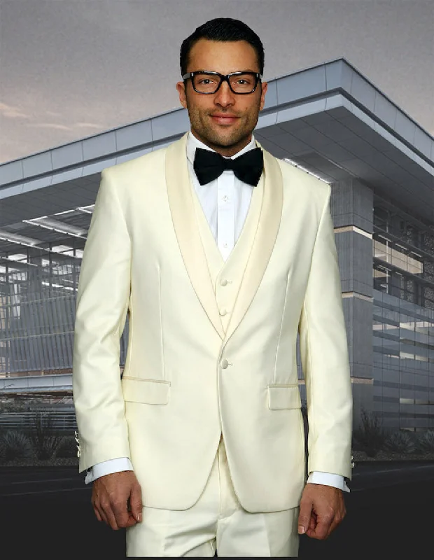 Urban Outfits Mens Wool One Button Modern Fit Vested Shawl Prom Tuxedo in Ivory