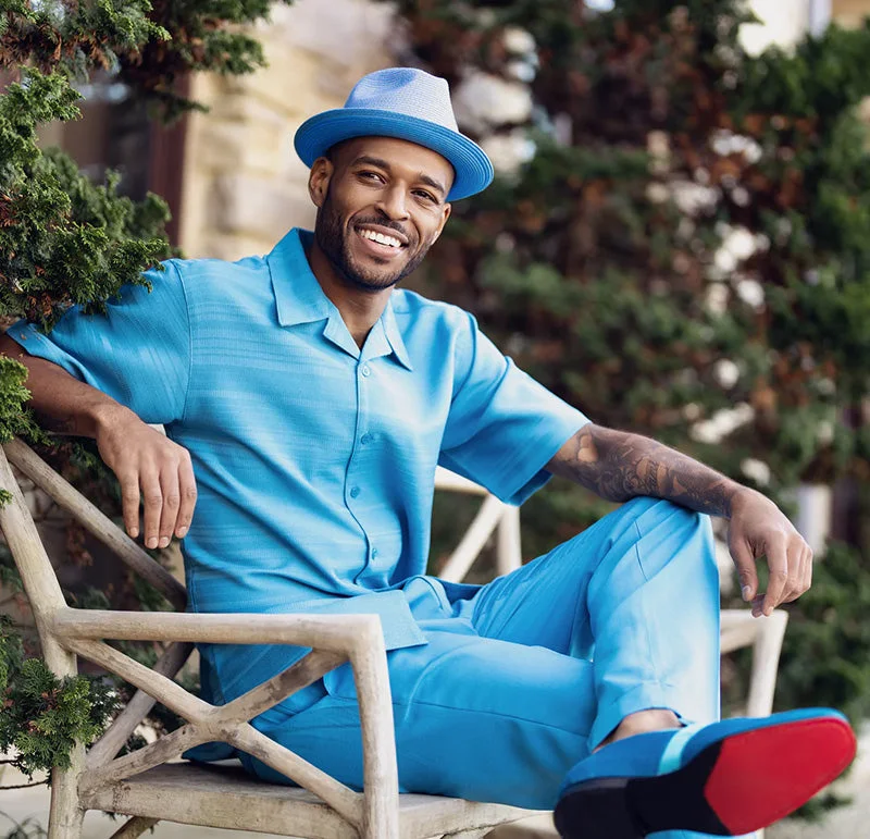 Comfortable Fits Aqua Tone on Tone Horizontal Stripes Walking Suit 2 Piece Short Sleeve Set Comfortable Fits Aqua Tone on Tone Horizontal Stripes Walking Suit 2 Piece Short Sleeve Set