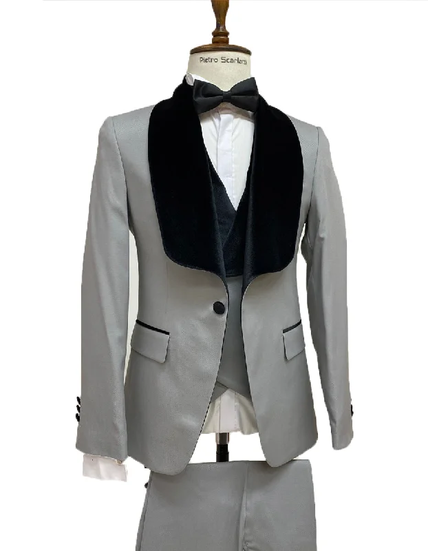 Street Style Mens Vested Designer Wide Shawl Tuxedo in Grey