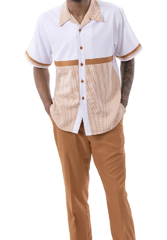 Weekend Gear Cognac Houndstooth Horizontal Color Block Walking Suit 2 Piece Short Sleeve Set