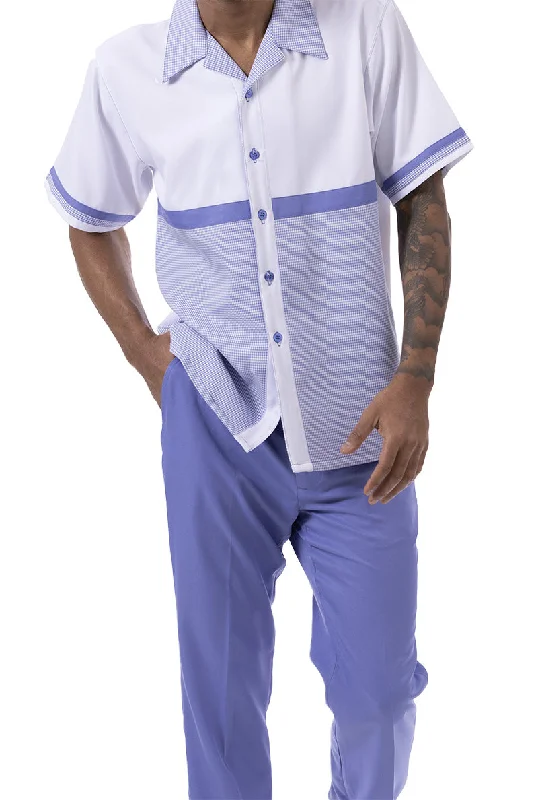 Smart Casual Lavender Blue Houndstooth Horizontal Color Block Walking Suit 2 Piece Short Sleeve Set
