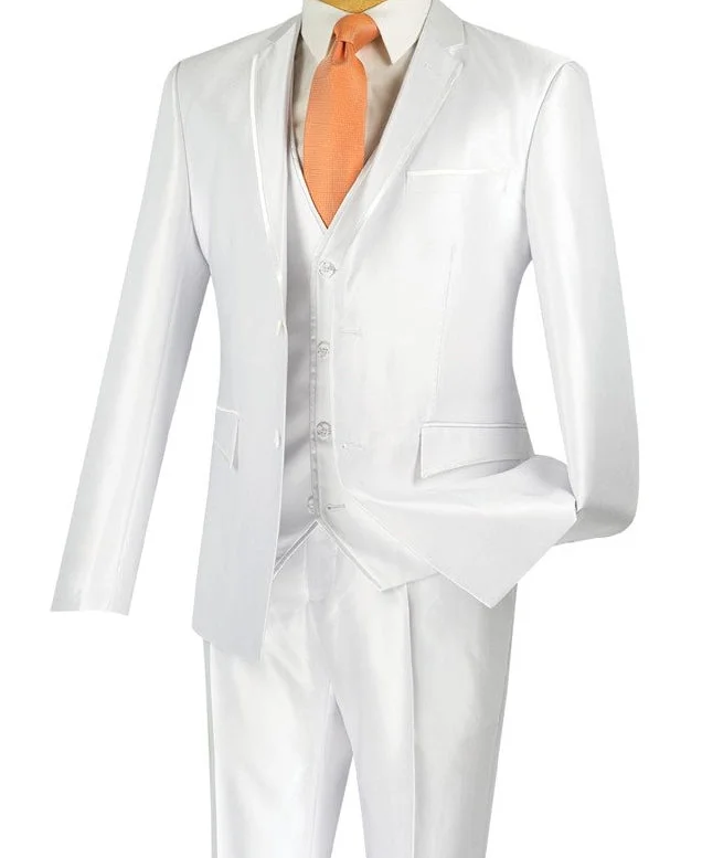 Smart Tops Designed Shiny Sharkskin Suit Ultra Slim Fit 3 Piece in White