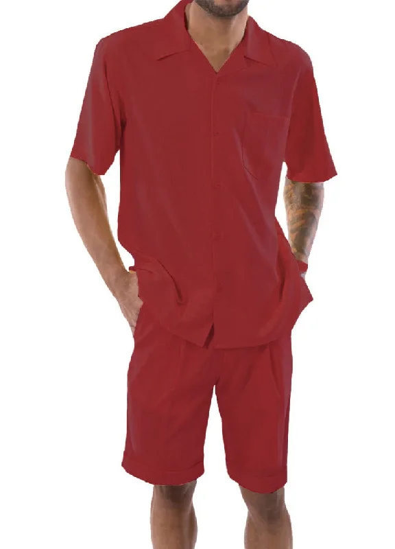 Stylish Suits Red 2 Piece Short Sleeve Walking Suit Set with Elastic Waistband Shorts Stylish Suits Red 2 Piece Short Sleeve Walking Suit Set with Elastic Waistband Shorts