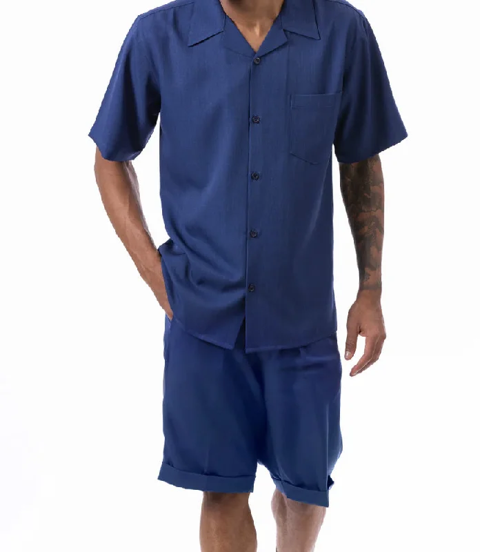 Daily Looks Navy 2 Piece Short Sleeve Walking Suit Set with Elastic Waistband Shorts Daily Looks Navy 2 Piece Short Sleeve Walking Suit Set with Elastic Waistband Shorts