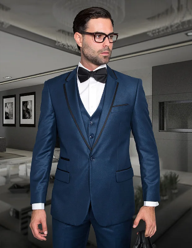 Comfortable Fits Mens One Button Satin Trim Notch Prom Tuxedo in Shiny Indigo Sharkskin Comfortable Fits Mens One Button Satin Trim Notch Prom Tuxedo in Shiny Indigo Sharkskin