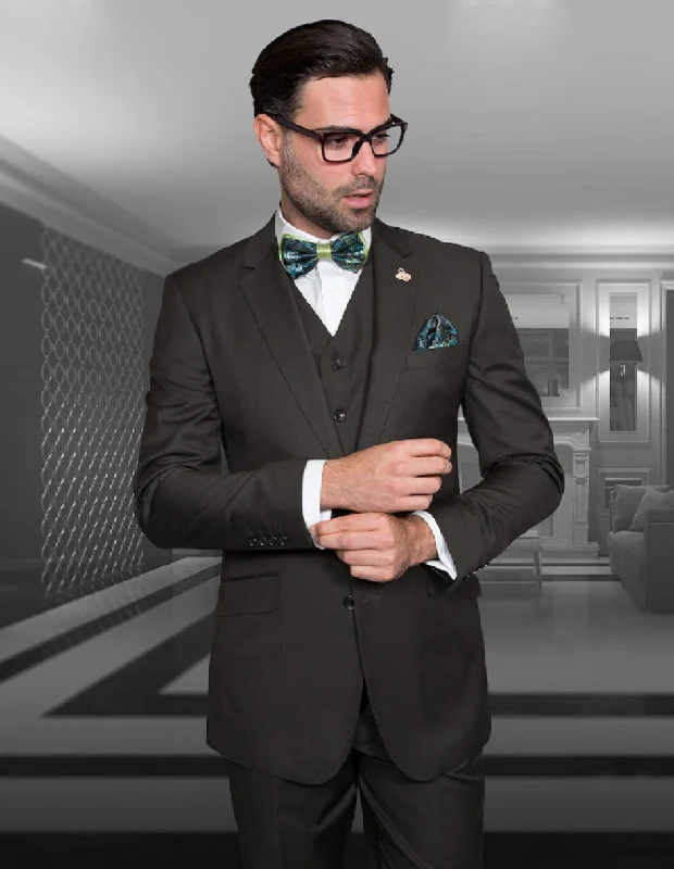 Street Outfit Mens 2 Button Modern Fit Vested Wool Suit in Olive