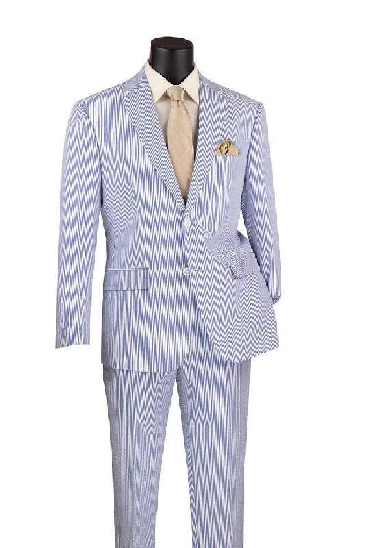 Outdoor Apparel Modern Fit Summer 2 Piece 2 Button Suit Striped Seersucker in Navy