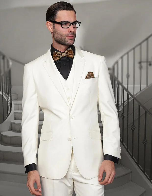Easygoing Wardrobe Mens 2 Button Modern Fit Vested Wool Suit in Ivory