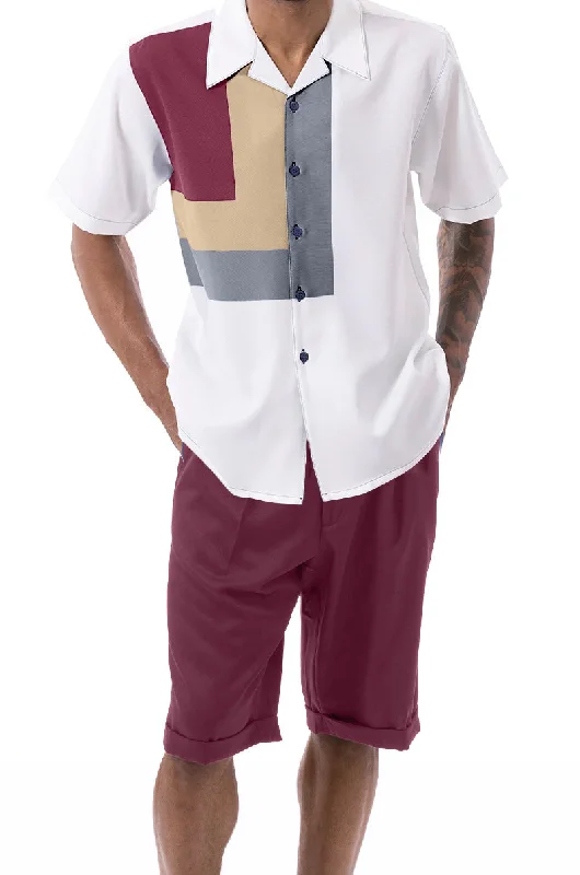 Relaxed Fit Burgundy Geometric Design Walking Suit 2 Piece Short Sleeve Set with Shorts Relaxed Fit Burgundy Geometric Design Walking Suit 2 Piece Short Sleeve Set with Shorts