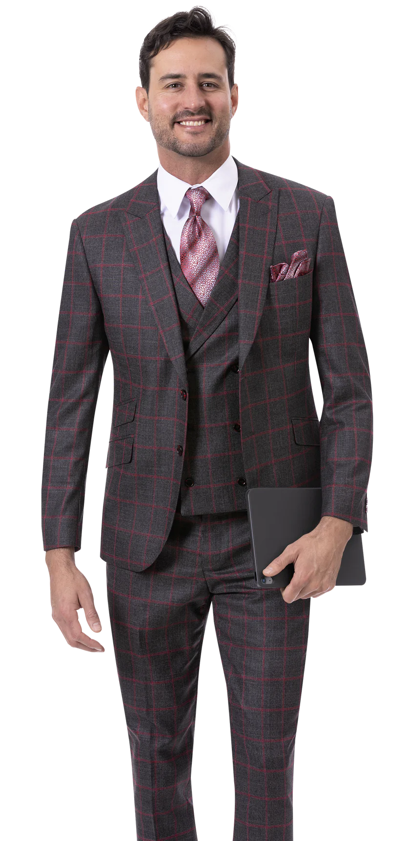 Casual Shoes Black and Red Checkered Three Piece Regular Fit Fashion Suit M2783