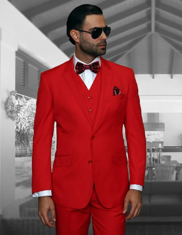 Fashion Jeans Mens 2 Button Modern Fit Vested Wool Suit in Red