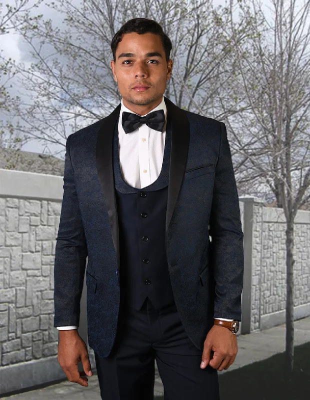 Comfort Jackets Mens One Button Shawl Lapel Vested Prom Tuxedo in Navy Paisley