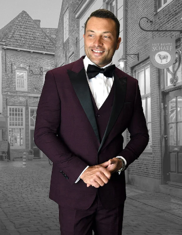 Urban Gear Mens Vested Wide Peak Lapel Prom Tuxedo in Burgundy