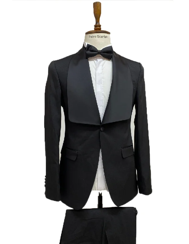 Travel Wear Mens Vested Designer Wide Square Shawl Tuxedo in Black