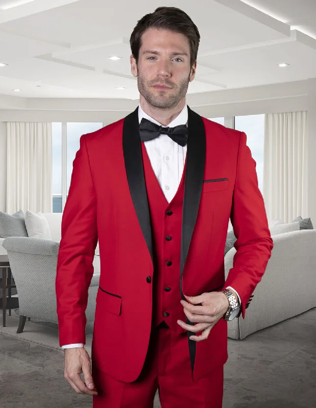 Comfy Tops Mens Wool One Button Modern Fit Vested Shawl Prom Tuxedo in Red
