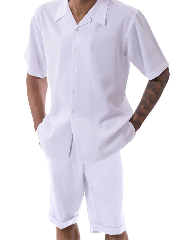 Designer Casuals White Tone on Tone Windowpane Walking Suit 2 Piece Short Sleeve Set with Shorts Designer Casuals White Tone on Tone Windowpane Walking Suit 2 Piece Short Sleeve Set with Shorts