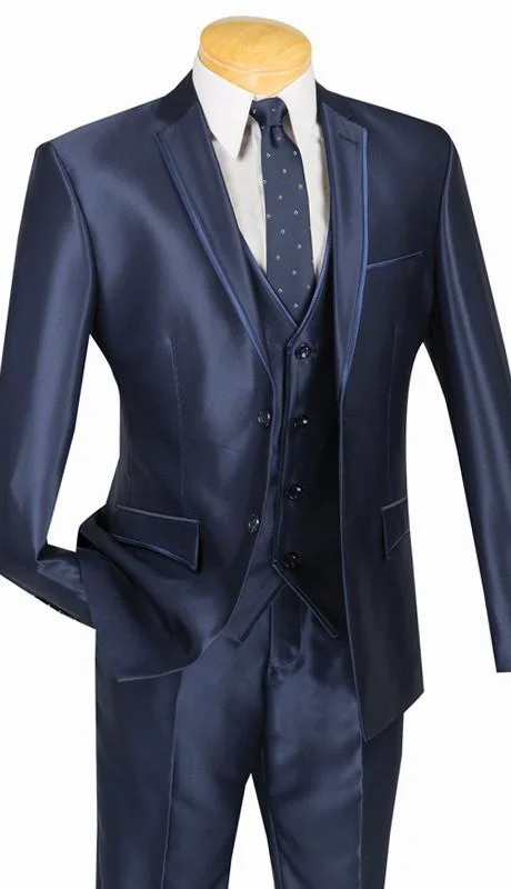Modern Outfit Shiny Sharkskin 3 Piece Suit Ultra Slim Fit With Vest Navy