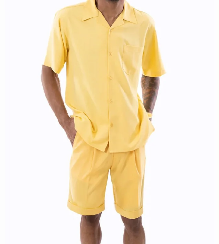 Layered Styles Canary Yellow 2 Piece Short Sleeve Walking Suit Set with Elastic Waistband Shorts Layered Styles Canary Yellow 2 Piece Short Sleeve Walking Suit Set with Elastic Waistband Shorts