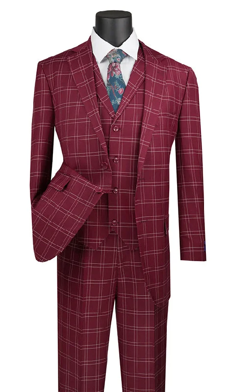 Casual Wear Manarola Collection - Regular Fit Glen Plaid Suit 3 Piece in Burgundy
