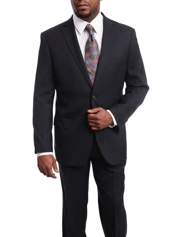 Urban Fashion Men's Arthur Black Classic Fit Navy Blue Two Button Pleated Front Wool Suit
