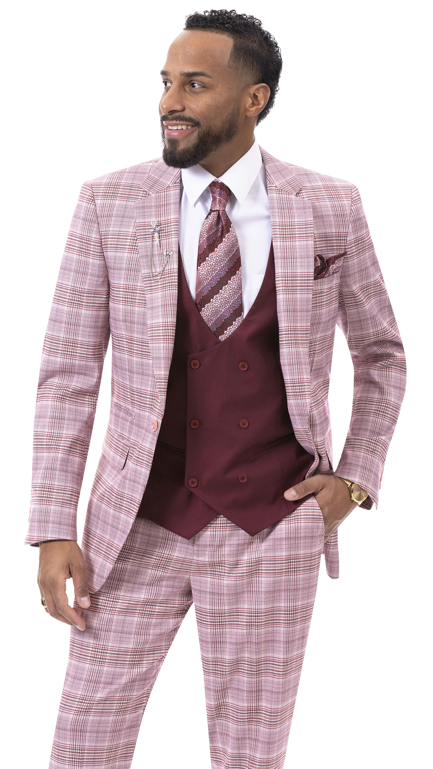 Summer Wear Burgundy Plaid Three Piece Fashion Suit M2787