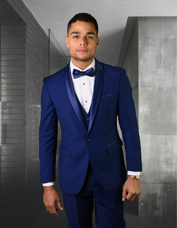 Timeless Wardrobe Mens 1 Button Shawl Lapel Vested Wool Wedding - Prom Tuxedo in Bright Sapphire Blue - Mens Slim Fitted Tuxedo Timeless Wardrobe Mens 1 Button Shawl Lapel Vested Wool Wedding - Prom Tuxedo in Bright Sapphire Blue - Mens Slim Fitted Tuxedo
