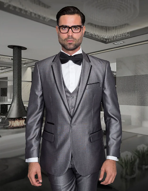 Everyday Look Mens One Button Satin Trim Notch Prom Tuxedo in Shiny Silver Sharkskin Everyday Look Mens One Button Satin Trim Notch Prom Tuxedo in Shiny Silver Sharkskin