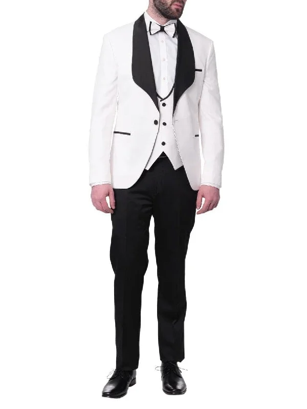 Fall Fashion Cemden Mens Slim Fit Solid White 1-button 3 Piece Tuxedo Suit With Shawl Lapels Fall Fashion Cemden Mens Slim Fit Solid White 1-button 3 Piece Tuxedo Suit With Shawl Lapels
