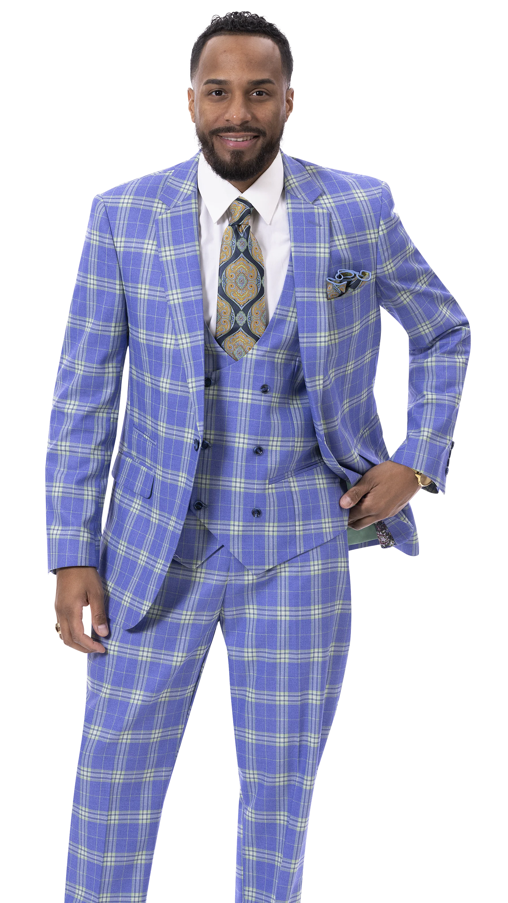 Sporty Jackets Blue & Green Plaid Three Piece Regular Fit Fashion Suit M2789
